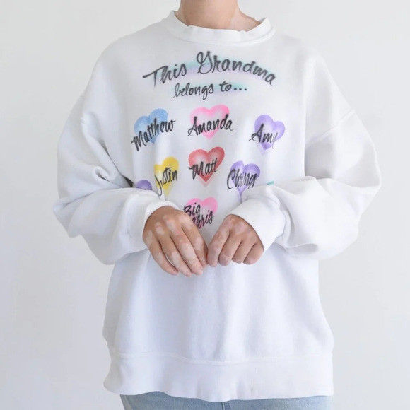 Vintage Lee Heavyweight White Grandma Colourful Hearts Crewneck Sweater M - Picture 2 of 12